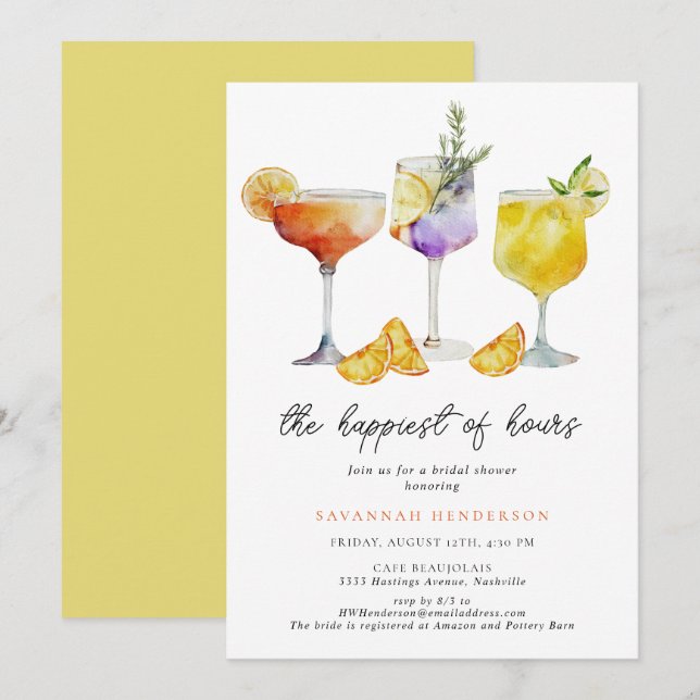 The Happiest Of Hours Fun Cocktail Bridal Shower Invitation (Front/Back)
