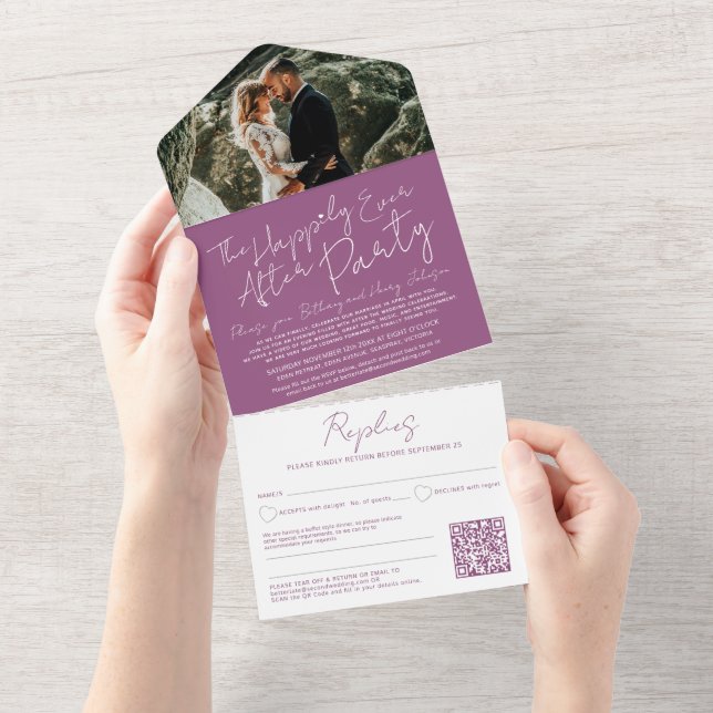 The happily ever after wedding party mauve purple all in one invitation (Tearaway)