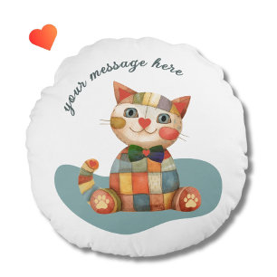The Happy Cat Colorful Patchwork Unique Round Pillow