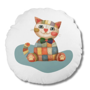 The Happy Cat Colorful Patchwork Unique Round Pillow