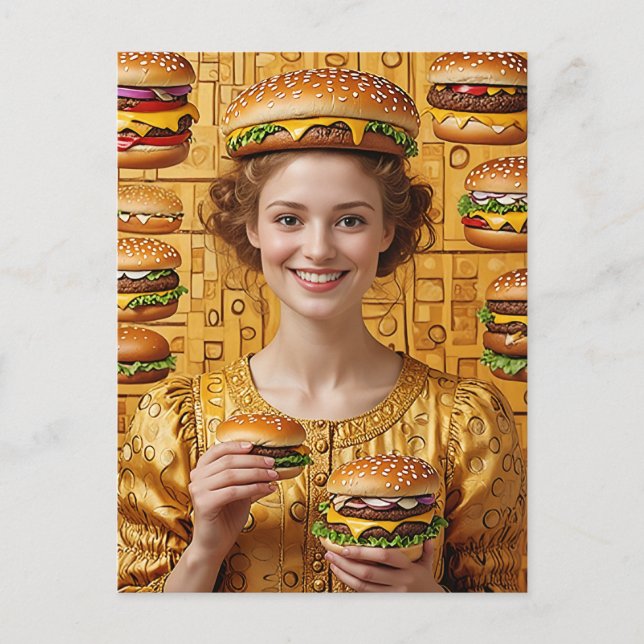 The Happy Cheeseburger Lady in Cheeseburger Costum Postcard (Front)