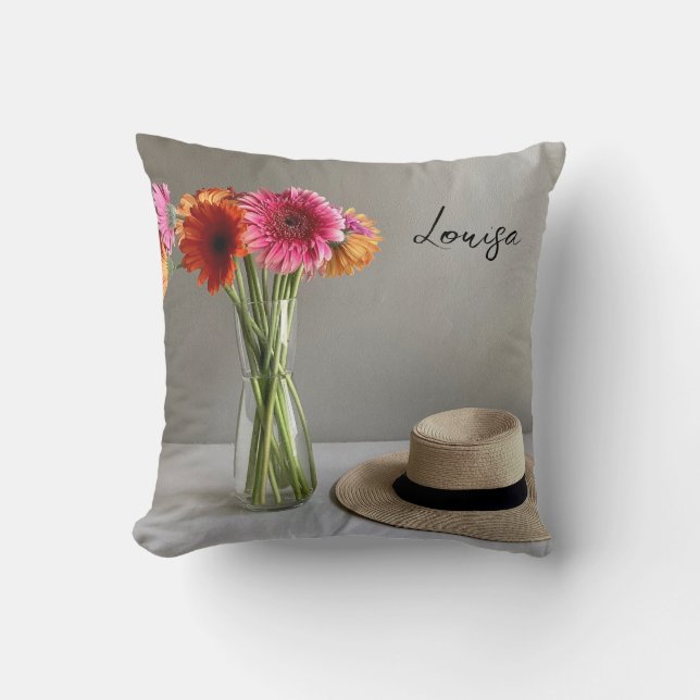 The Happy Gerbera Colorful Flower +Custom Name Throw Pillow (Front)