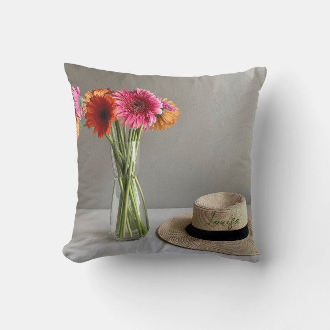 The Happy Gerbera Colorful Flower +Custom Name Throw Pillow (Front)