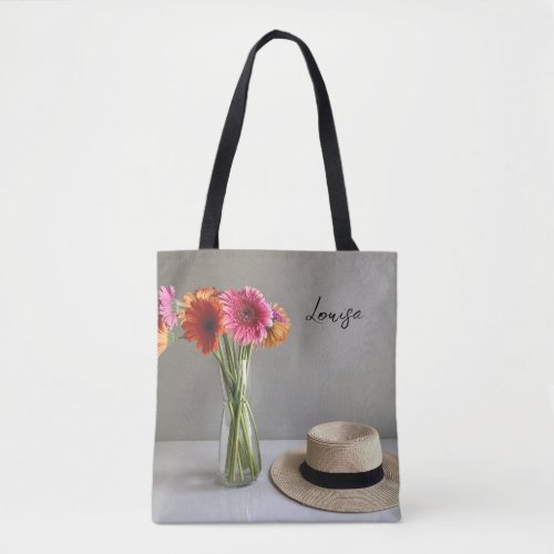 The Happy Gerbera Colorful Flower Custom Name Tote Bag