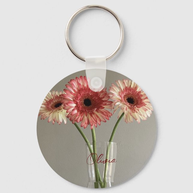 The Happy Gerbera Pink Flower Photo +Custom Name Keychain (Front)