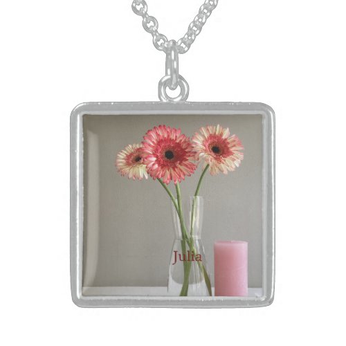 The Happy Gerbera Pink Flower Photo Custom Name Sterling Silver Necklace