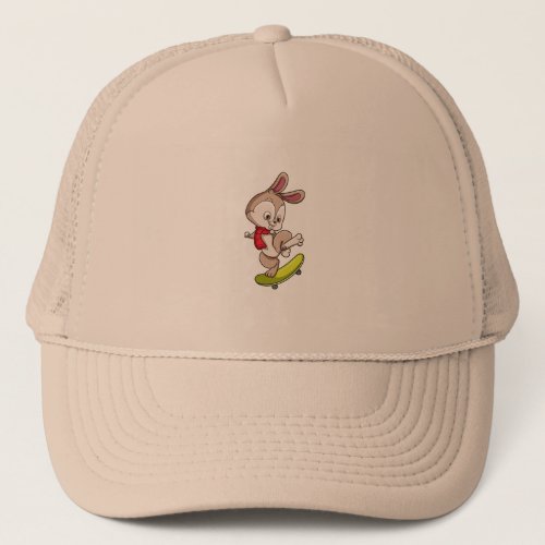 the happy rabbit is playing the skateboard trucker hat