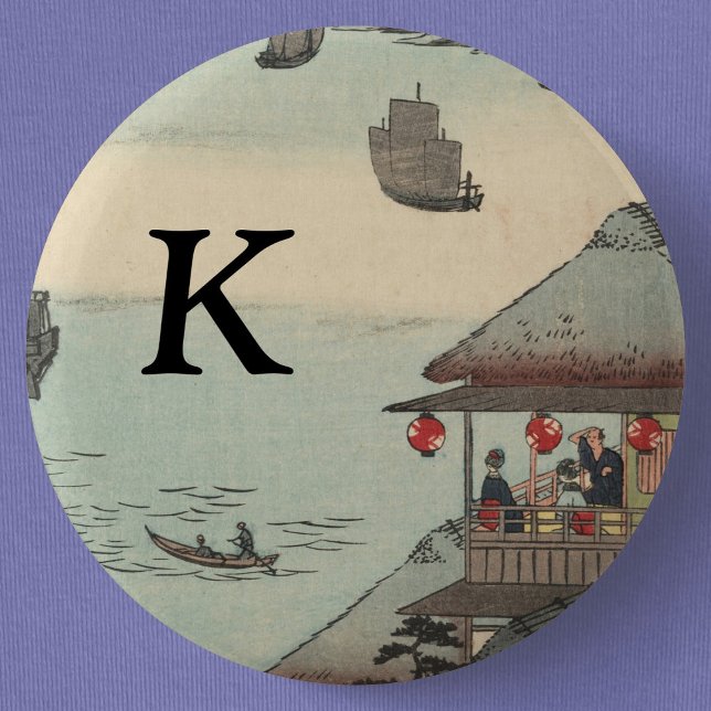 The Harbor at Kanagawa, Japan: Monogram Button (The Harbor at Kanagawa, Japan, Monogrammed Button Pin- Detail View)