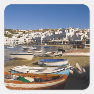The harbor town with colorful fishing boats square sticker