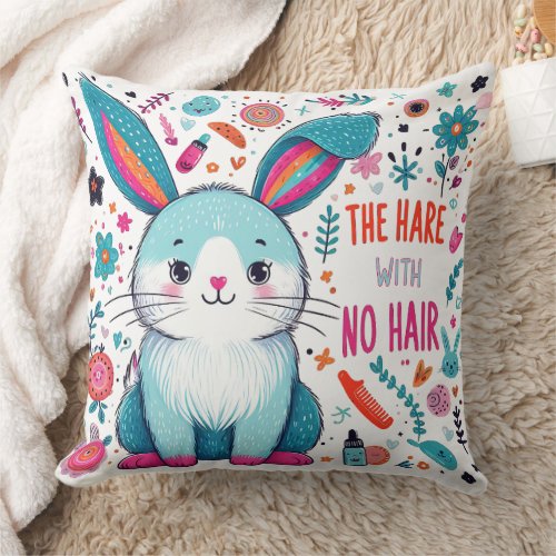 The hare with no hair throw pillow