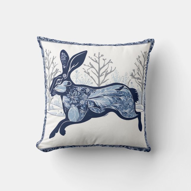 The Hares Winter's Whimsical Wandering Throw Pillow (Front)