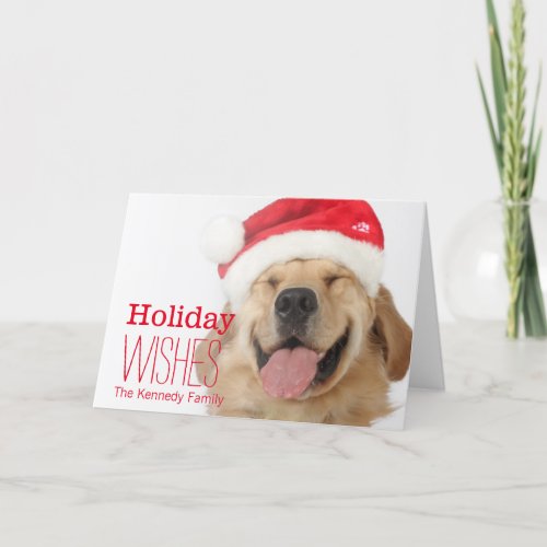 The head and goofy smile of a happy dog holiday card