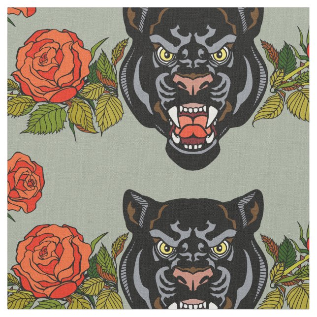 The head of a black panther and blooming roses fabric (Close Up)