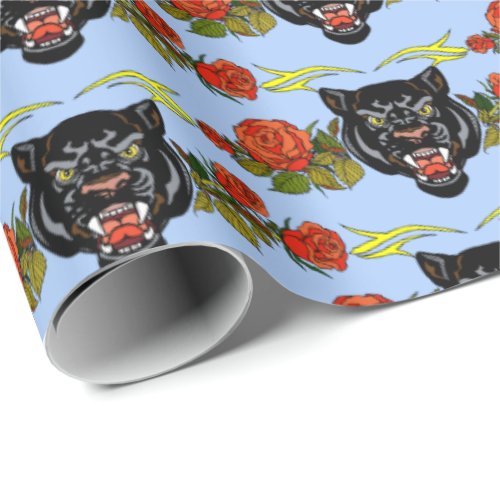 The head of a black panther and blooming roses wra wrapping paper