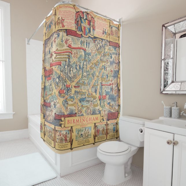 The Heart of Birmingham, England Map Shower Curtain (In Situ)