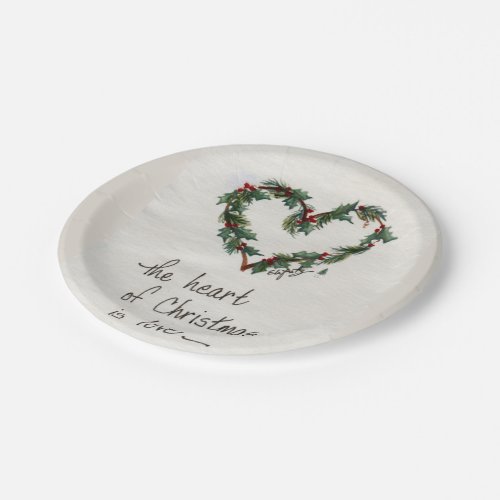 The heart of Christmas is Love Green Heart art Paper Plates