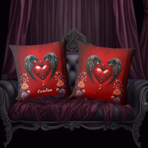 The heart with black wings throw pillow