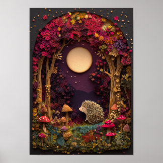 The Hedgehog | Autumn Night Forest Cutout Art Poster