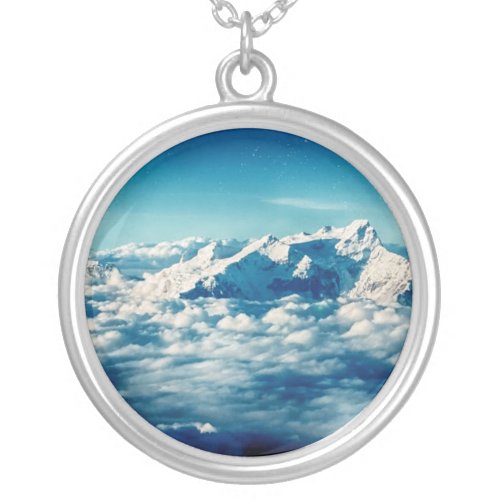 The Himalayas Mountains in Clouds Blue Sky Silver Plated Necklace