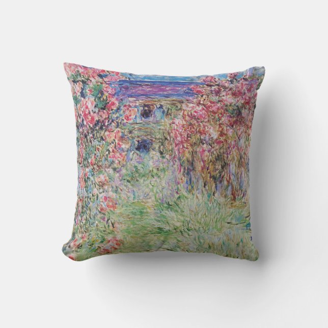 The house in the rose garden by Claude Monet, Throw Pillow (Front)