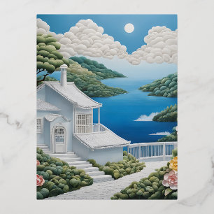 The House on a Hill with Flower and Sea View is on Foil Holiday Postcard