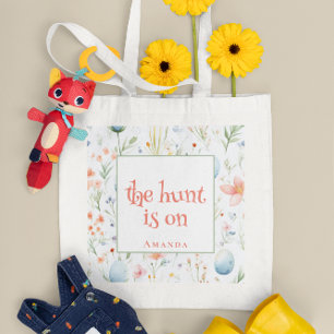 The Hunt Is On   Custom Name   Floral Easter Tote Bag