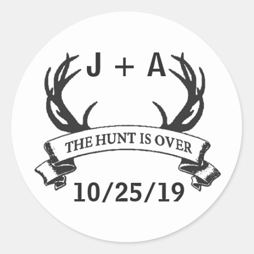 The Hunt is Over Antler Rustic Wedding Custom Classic Round Sticker