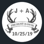 "The Hunt is Over" Antler Rustic Wedding Custom Classic Round Sticker<br><div class="desc">Customize it with couple's initials and wedding date.</div>
