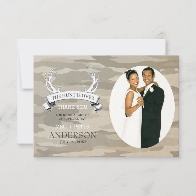 "The Hunt is Over" Camo Wedding Photo Thank You Card (Front)