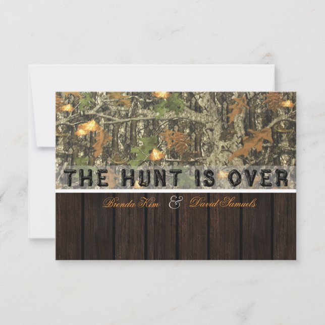 The Hunt Is Over Camo Wood Wedding Invitation (Front)