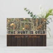The Hunt Is Over Camo Wood Wedding Invitation (Standing Front)