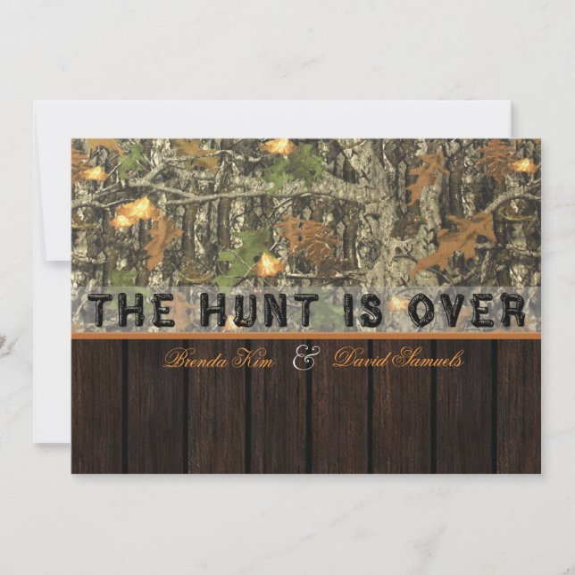 The Hunt Is Over Camo Wood Wedding Invitation (Front)