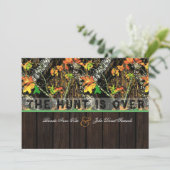 The Hunt Is Over Camo Wood Wedding Invitations (Standing Front)