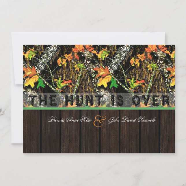 The Hunt Is Over Camo Wood Wedding Invitations (Front)