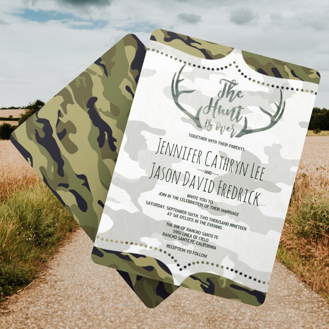 "The Hunt is Over" Rustic Antler Camo Wedding Invitation (Creator Uploaded)