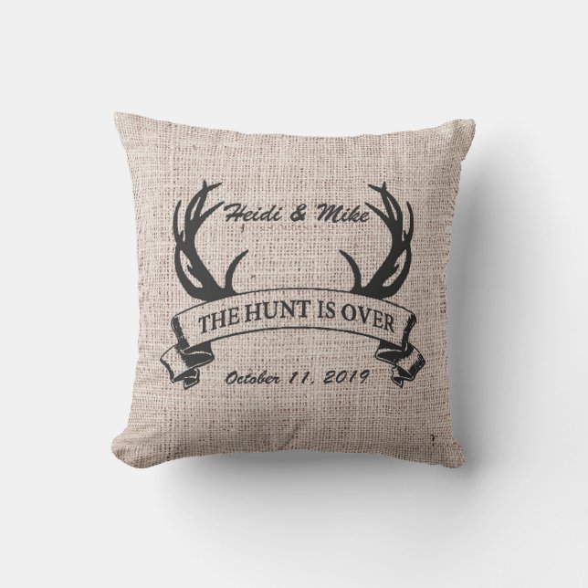 "The Hunt is Over" Rustic Antler Wedding Gift Throw Pillow (Front)