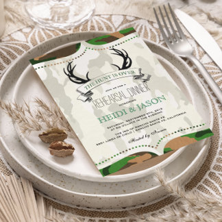"The Hunt is Over" Rustic Camo Rehearsal Dinner Invitation