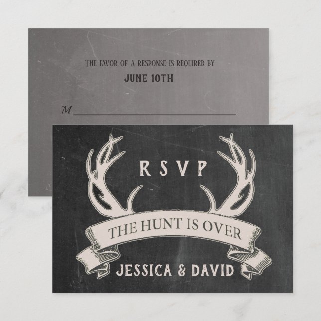 The Hunt is Over Rustic Chalkboard Wedding RSVP Card (Front/Back)