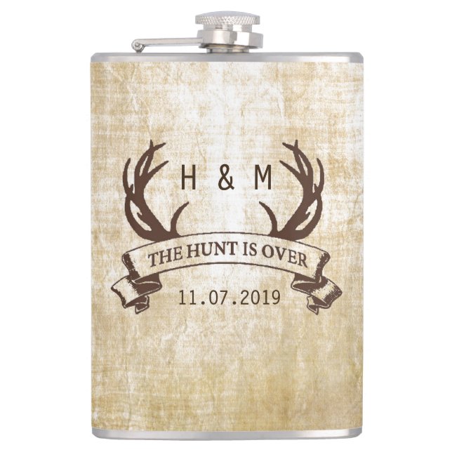 "The Hunt is Over" Rustic Custom Wedding Gift Hip Flask (Front)