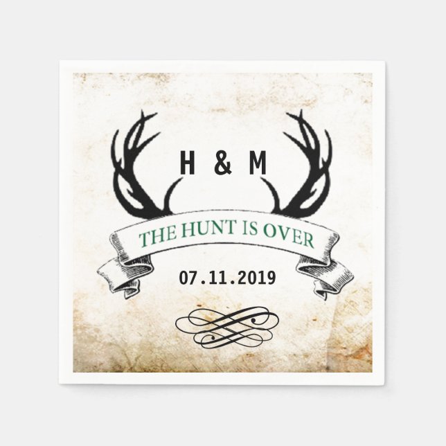 "The Hunt is Over" Rustic Custom Wedding Gift Napkins (Front)