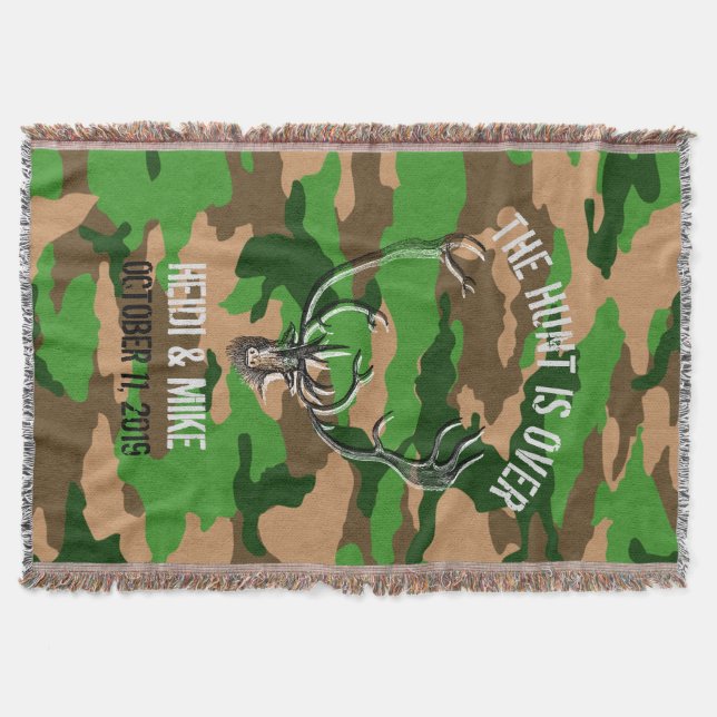 "The Hunt is Over" Rustic Custom Wedding Gift Throw Blanket (Front)