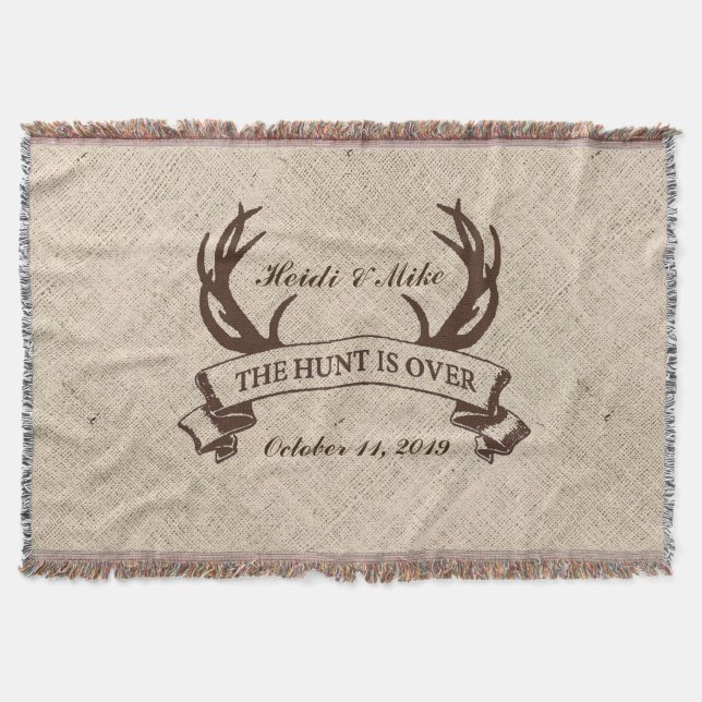 "The Hunt is Over" Rustic Custom Wedding Gift Throw Blanket (Front)