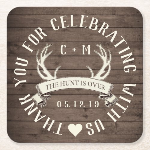 The Hunt is Over Wedding Favor Personalized Square Paper Coaster