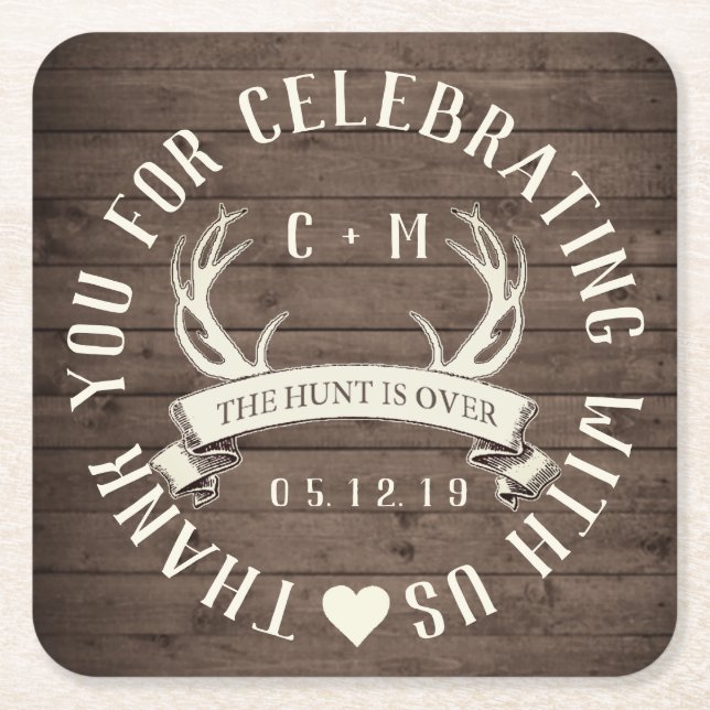 The Hunt is Over Wedding Favor Personalized Square Paper Coaster (Front)