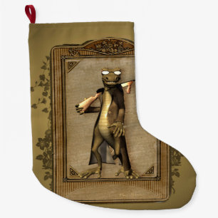 The hunter, funny, cute gecko with gun large christmas stocking