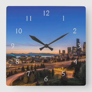 The I-5 freeway and downtown Seattle at twilight Square Wall Clock