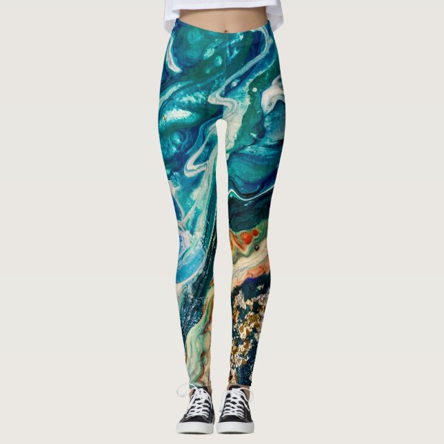 The Ice and The Fish abstract blue teal gold white Leggings (Front)