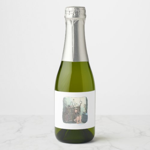 The illustration of a barefoot woman sitting by a  sparkling wine label