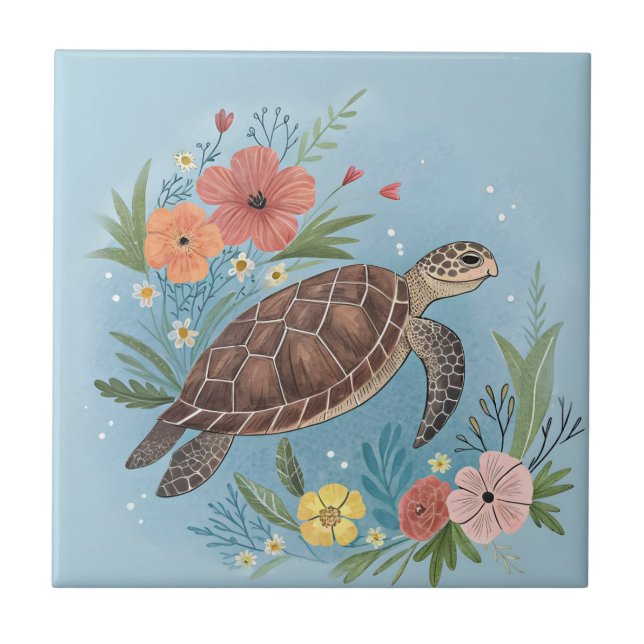 The illustration of a sea turtle ceramic tile (Front)