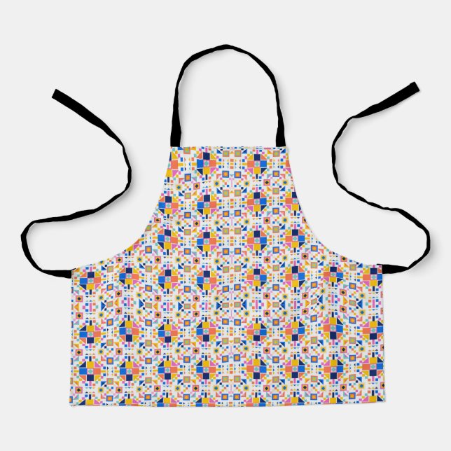 The image shows a colorful apron with a geometric  (Front)